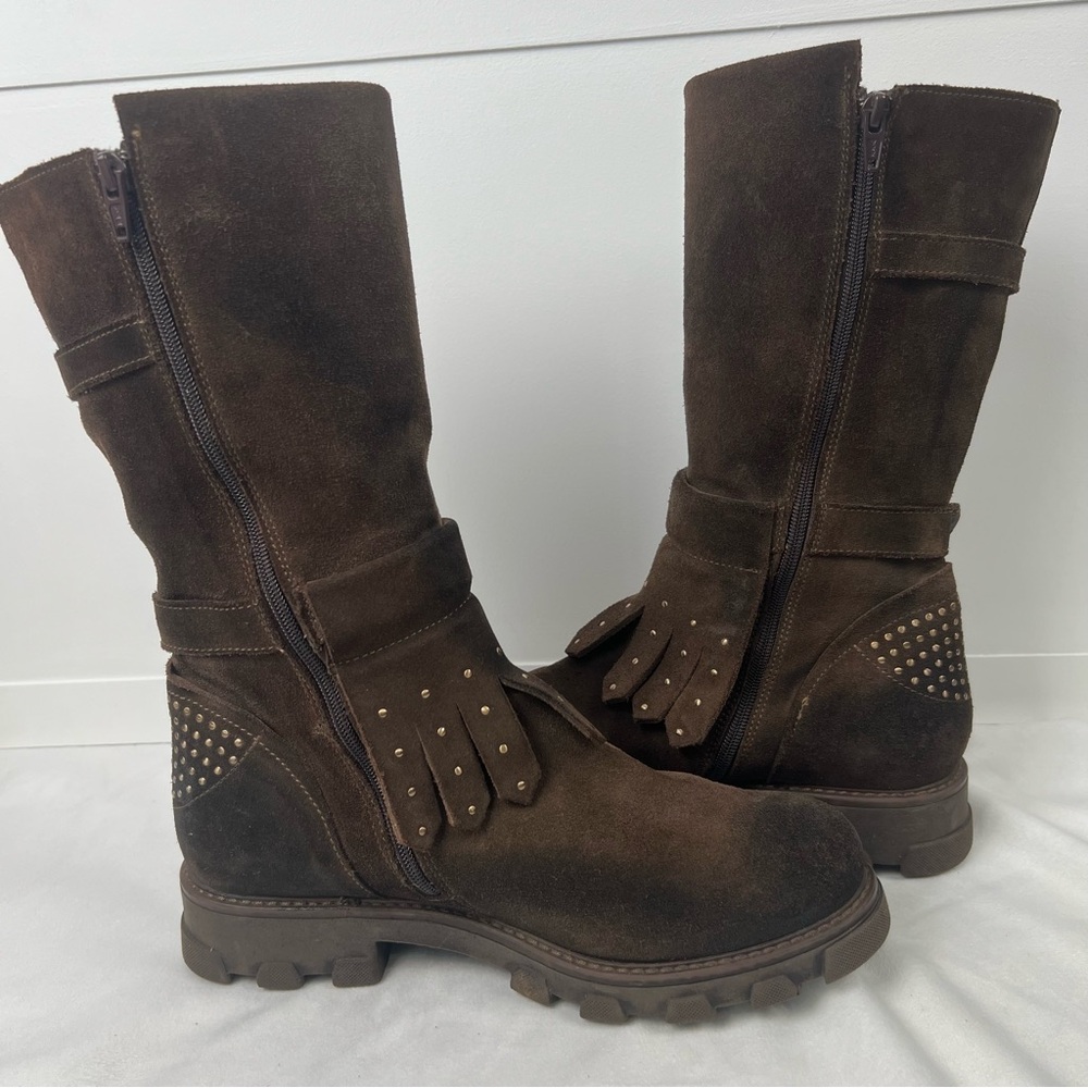 Manas Brown Suede Studded Biker Boots With Fringe Women’s EU 40/ US 9.5 - Picture 10 of 10